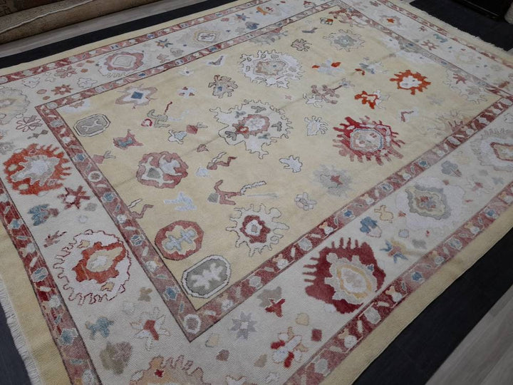 Beige Turkish Oushak Rug 9' x 12' 1" Hand-Knotted