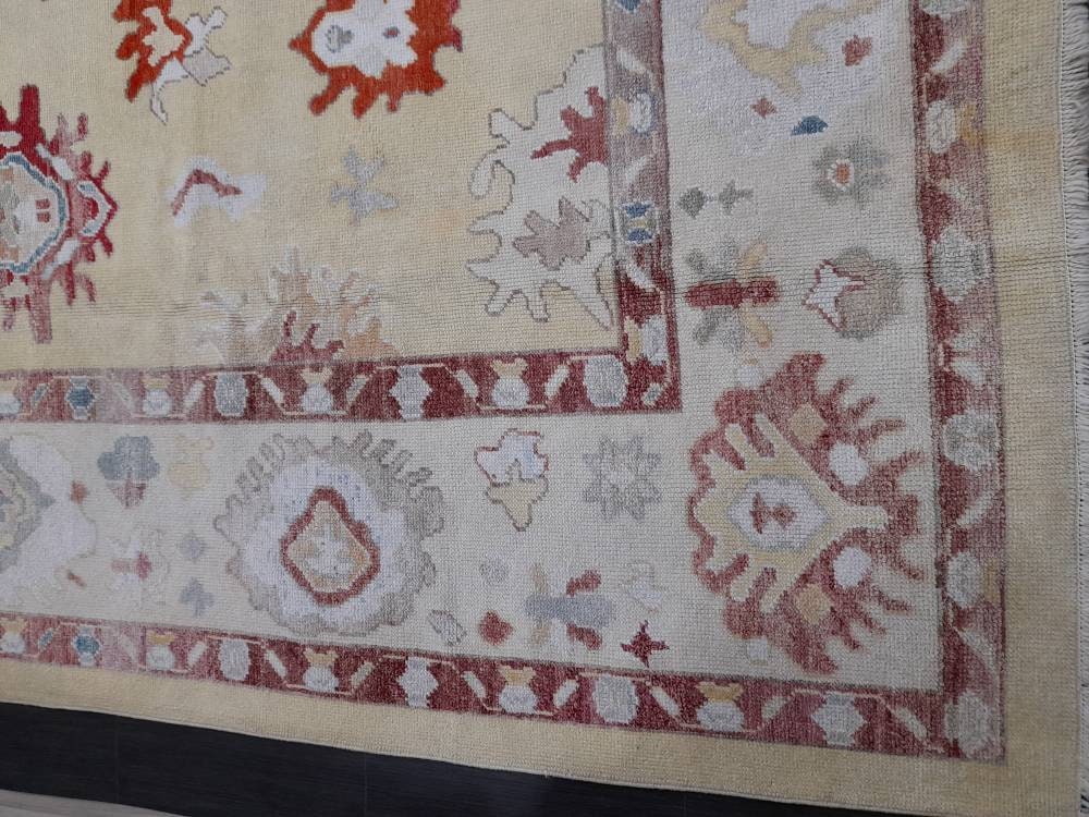 Beige Turkish Oushak Rug 9' x 12' 1" Hand-Knotted border