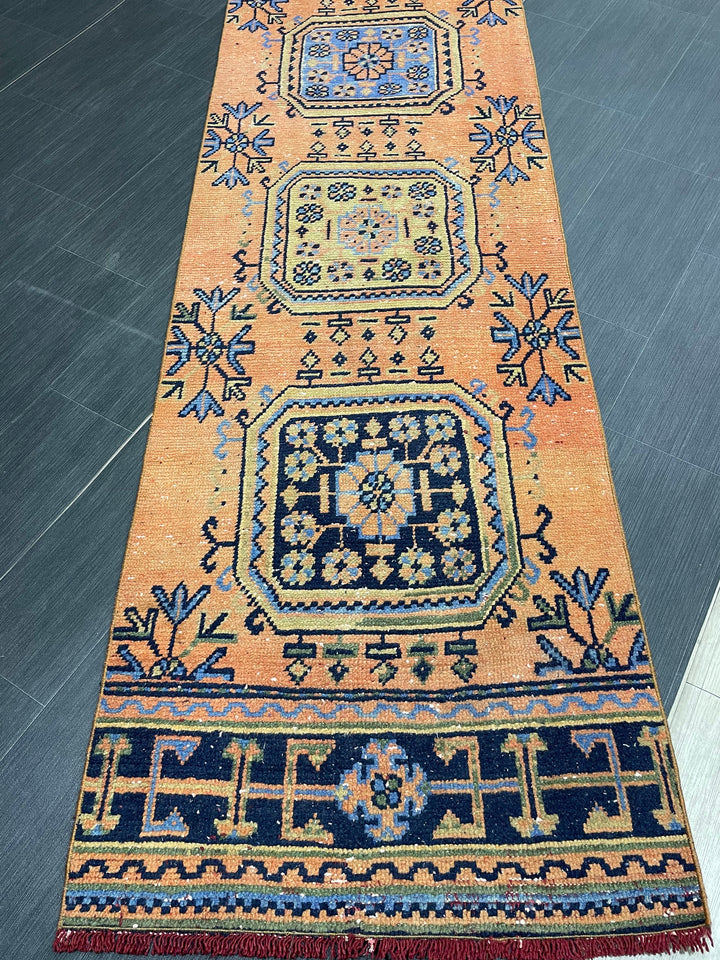 Beige Turkish Runner Rug 2' 7" x 19' 8" Hand-Knotted field