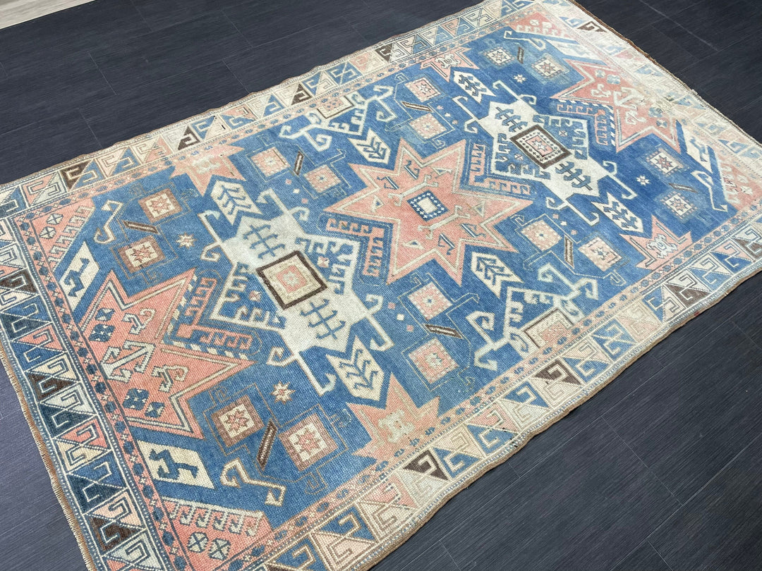 Blue Turkish Runner Rug 4' 8" x 7' 5" Hand-Knotted | No. WR75399