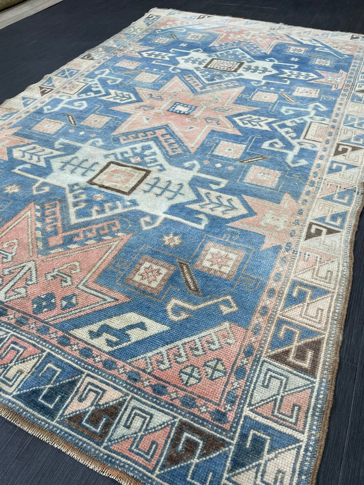 Blue Turkish Runner Rug 4' 8" x 7' 5" Hand-Knotted | No. WR75399