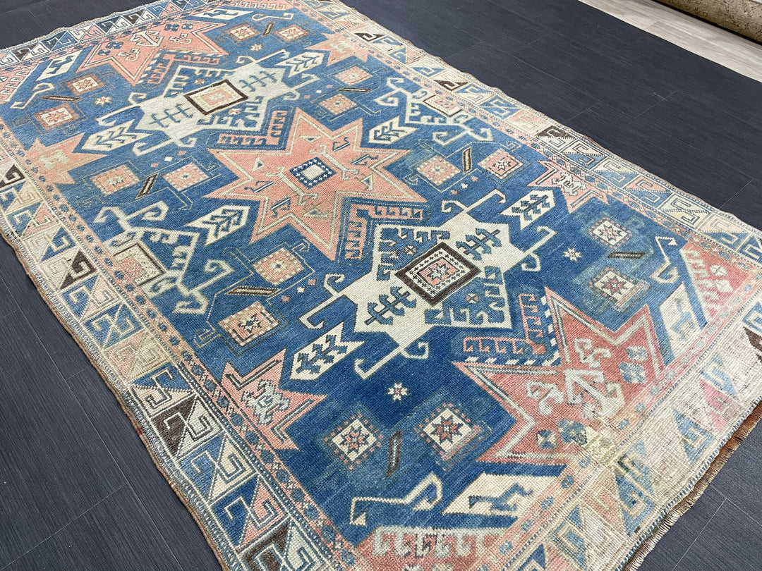 Blue Turkish Runner Rug 4' 8" x 7' 5" Hand-Knotted | No. WR75399