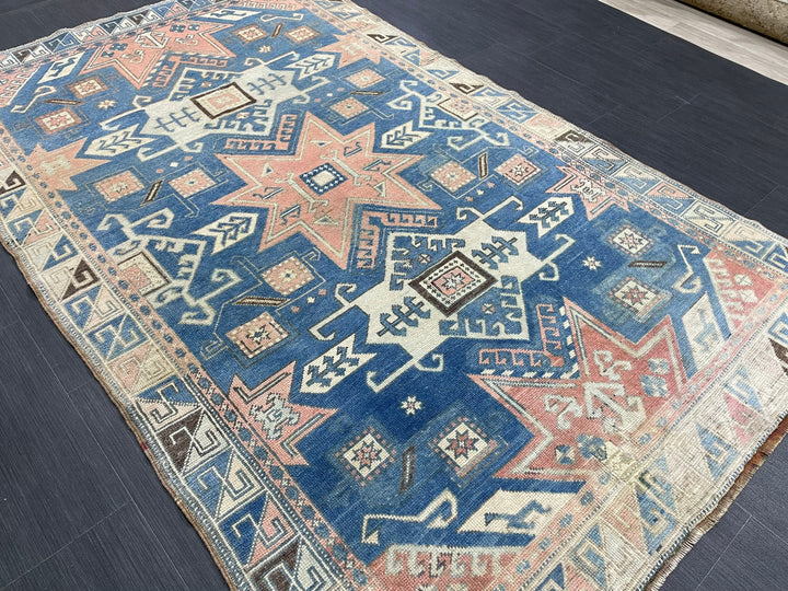 Blue Turkish Runner Rug 4' 8" x 7' 5" Hand-Knotted | No. WR75399