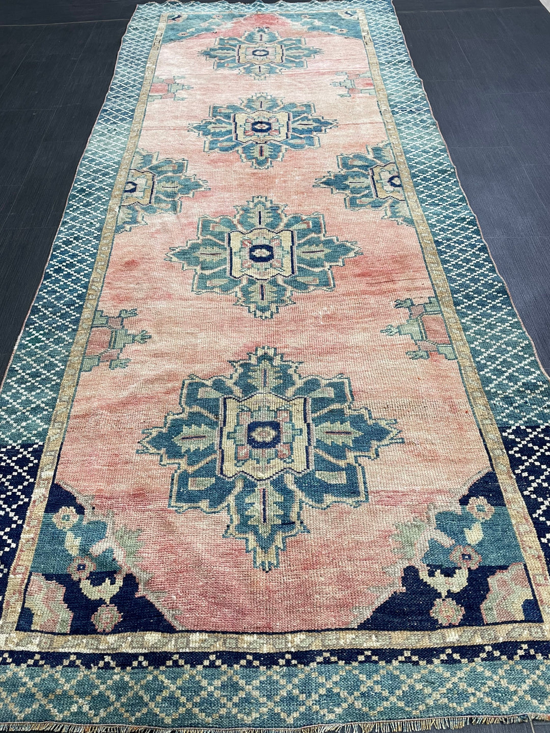 Green Turkish Runner Rug 4' 3" x 10' 1" Hand-Knotted | No. WR88261