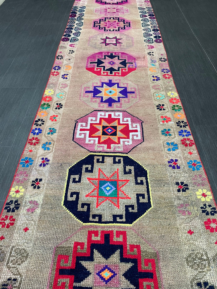 Beige Turkish Runner Rug 2' 8" x 13' Hand-Knotted field
