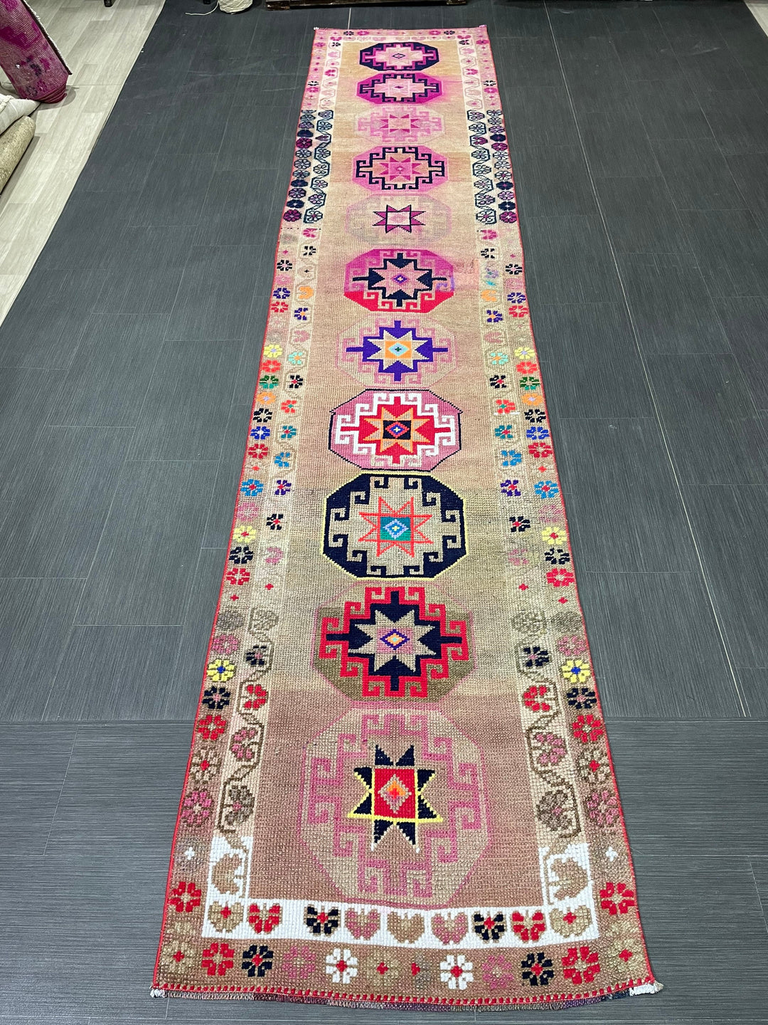 Beige Turkish Runner Rug 2' 8" x 13' Hand-Knotted reverse