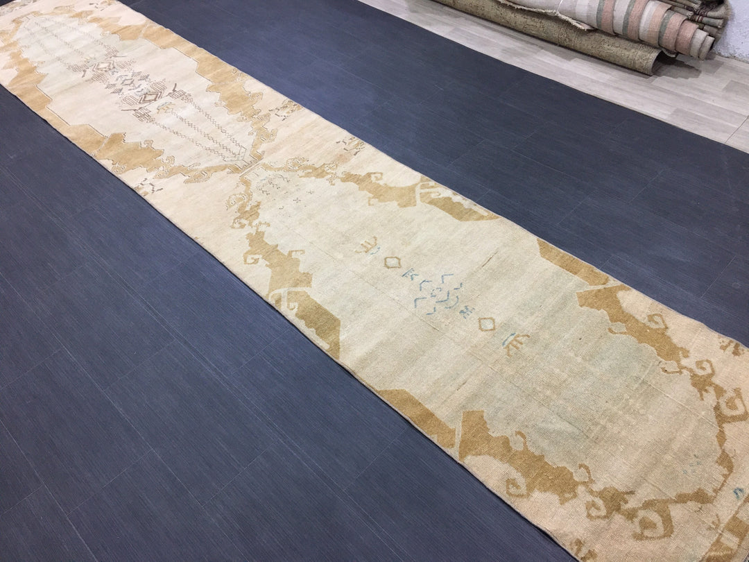Beige Turkish Runner Rug 2' 7" x 14' Hand-Knotted