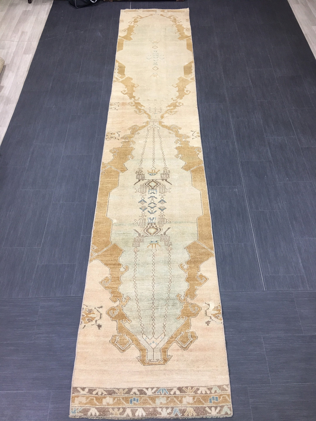 Beige Turkish Runner Rug 2' 7" x 14' Hand-Knotted reverse