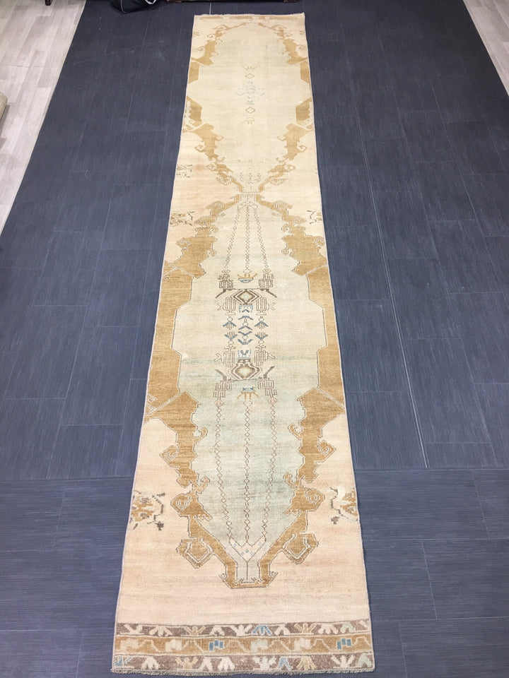 Beige Turkish Runner Rug 2' 7" x 14' Hand-Knotted reverse