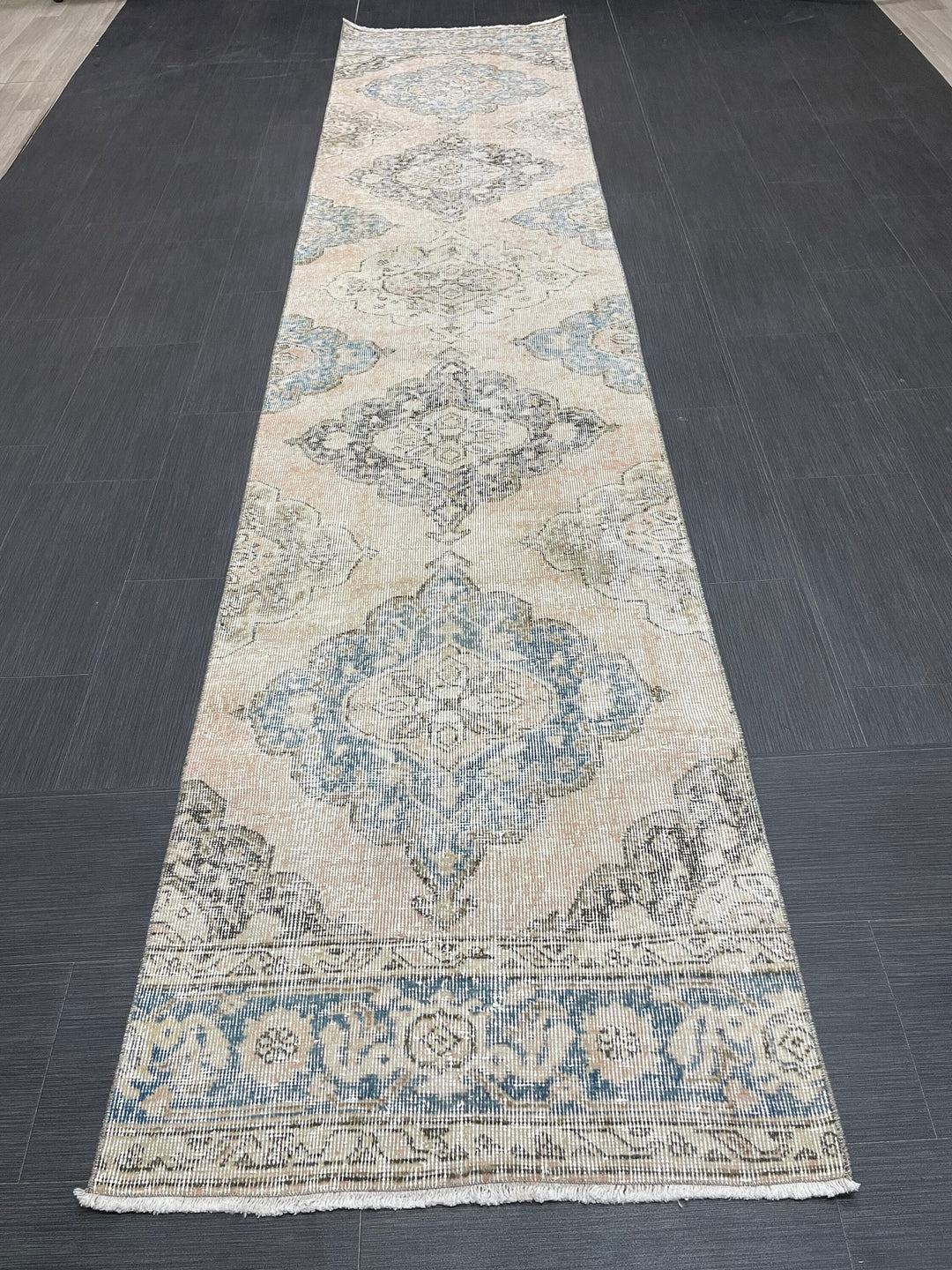 Beige Turkish Runner Rug 2' 8" x 12' 5" Hand-Knotted texture