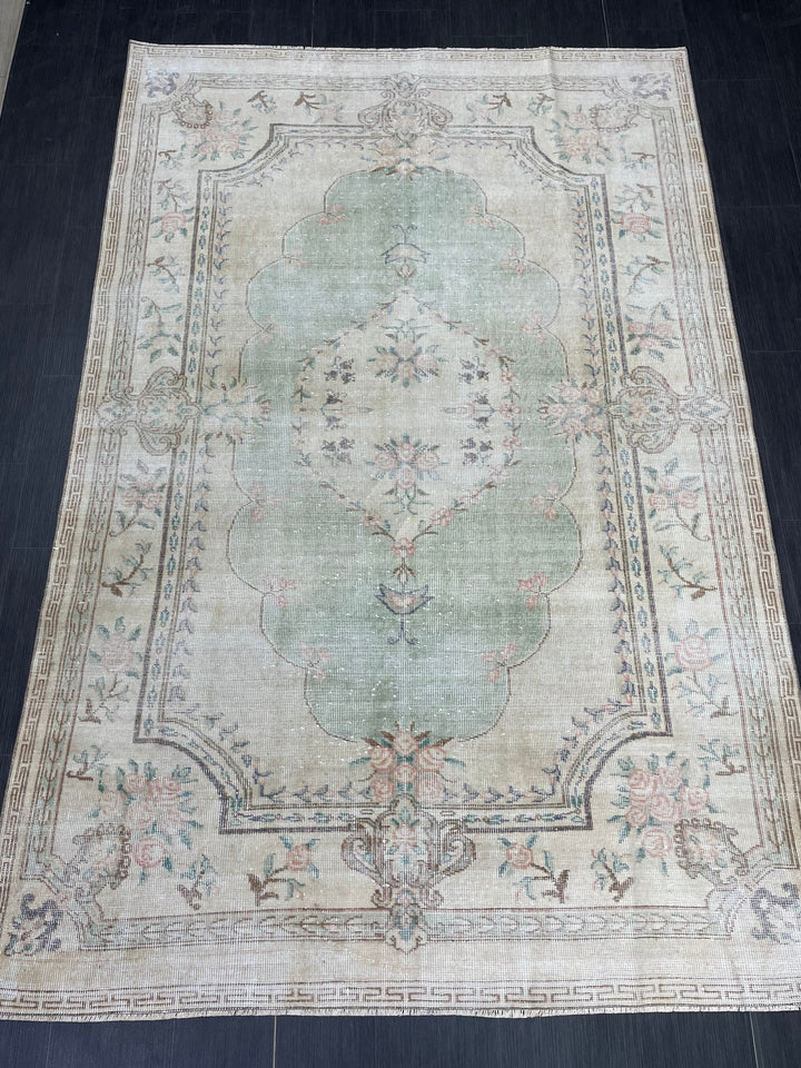 Green Turkish Runner Rug 5' 11" x 8' 11" Hand-Knotted | No. WR62038
