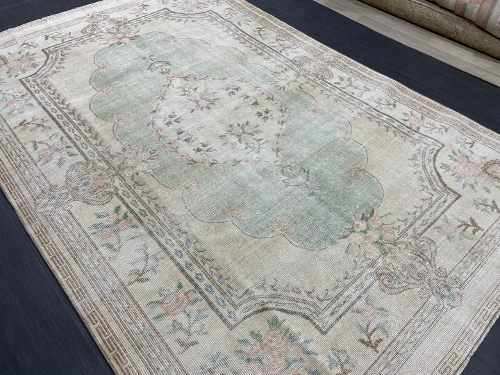 Green Turkish Runner Rug 5' 11" x 8' 11" Hand-Knotted | No. WR62038