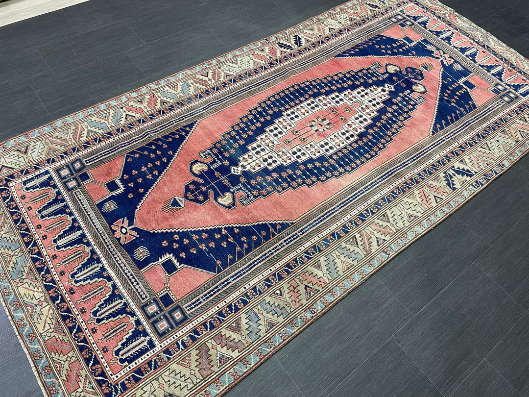 Pink Turkish Runner Rug 4' 8" x 9' 7" Hand-Knotted