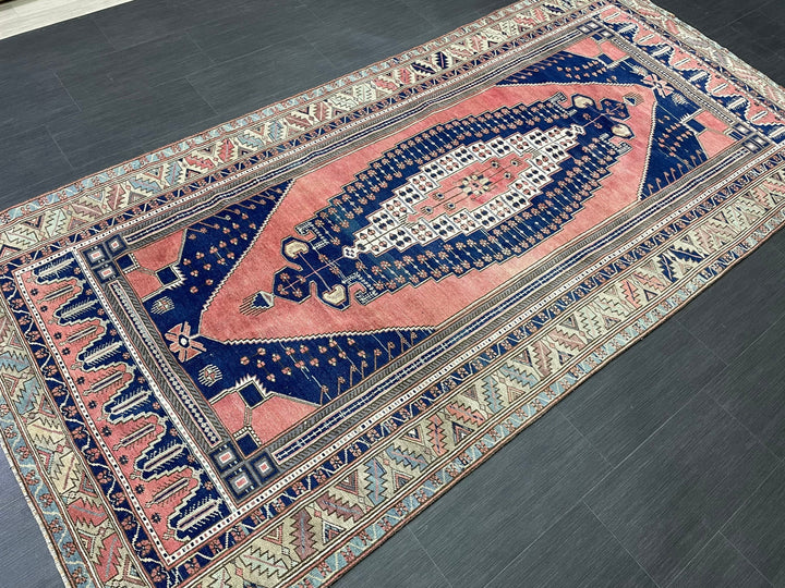 Pink Turkish Runner Rug 4' 8" x 9' 7" Hand-Knotted