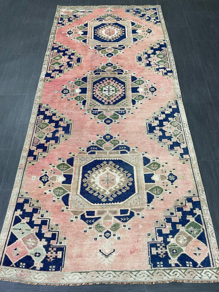 Navy Turkish Runner Rug 3' 8" x 8' 4" Hand-Knotted pattern