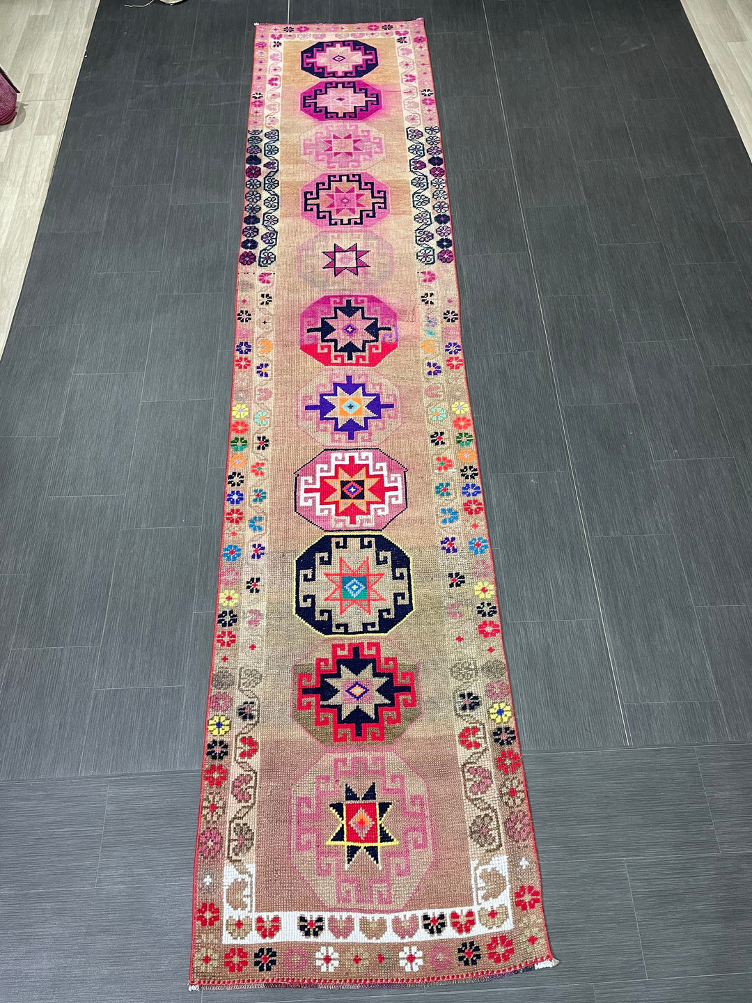 Beige Turkish Runner Rug 2' 8" x 13' Hand-Knotted close-up