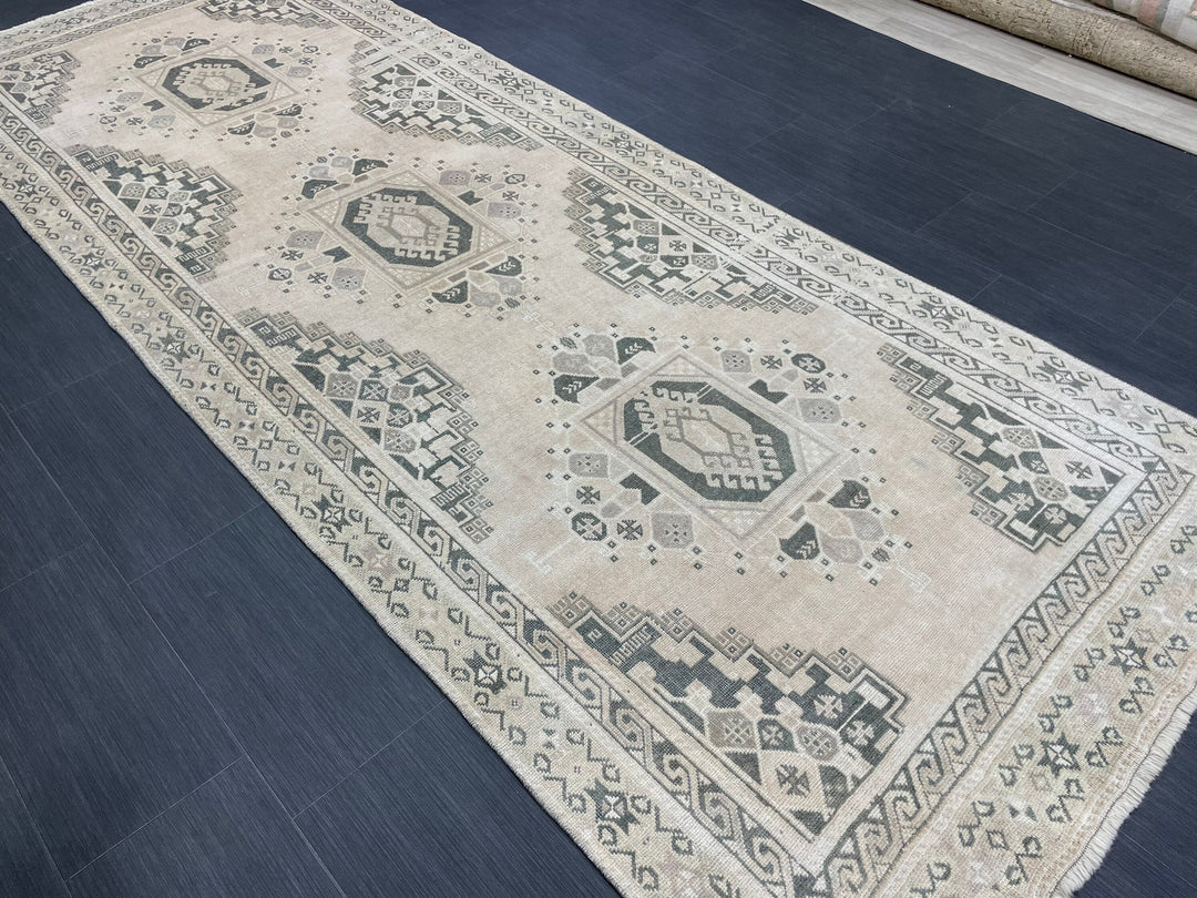 Beige Turkish Runner Rug 4' 3" x 10' 11" Hand-Knotted