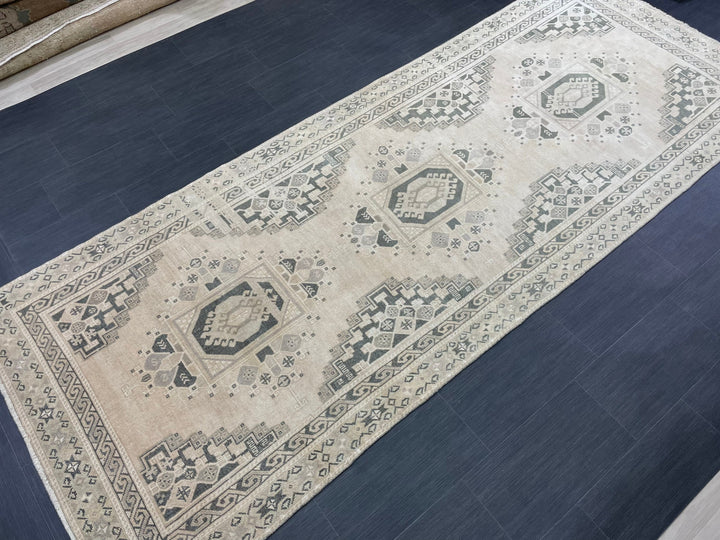 Beige Turkish Runner Rug 4' 3" x 10' 11" Hand-Knotted close-up