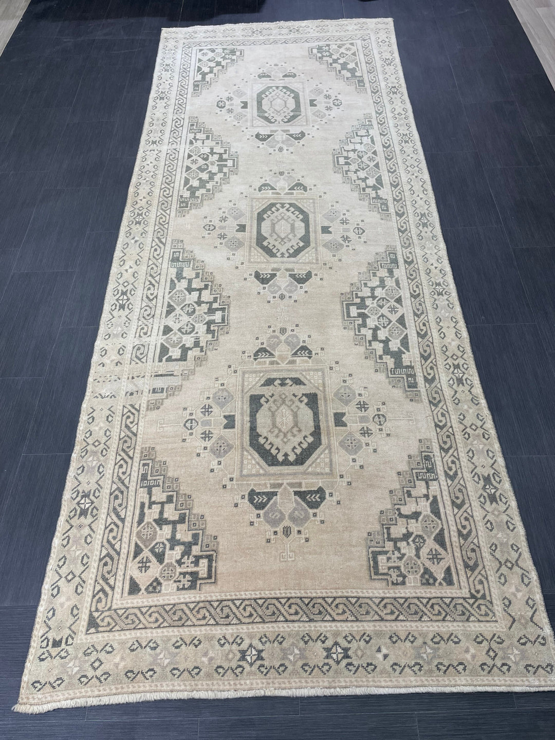 Beige Turkish Runner Rug 4' 3" x 10' 11" Hand-Knotted reverse