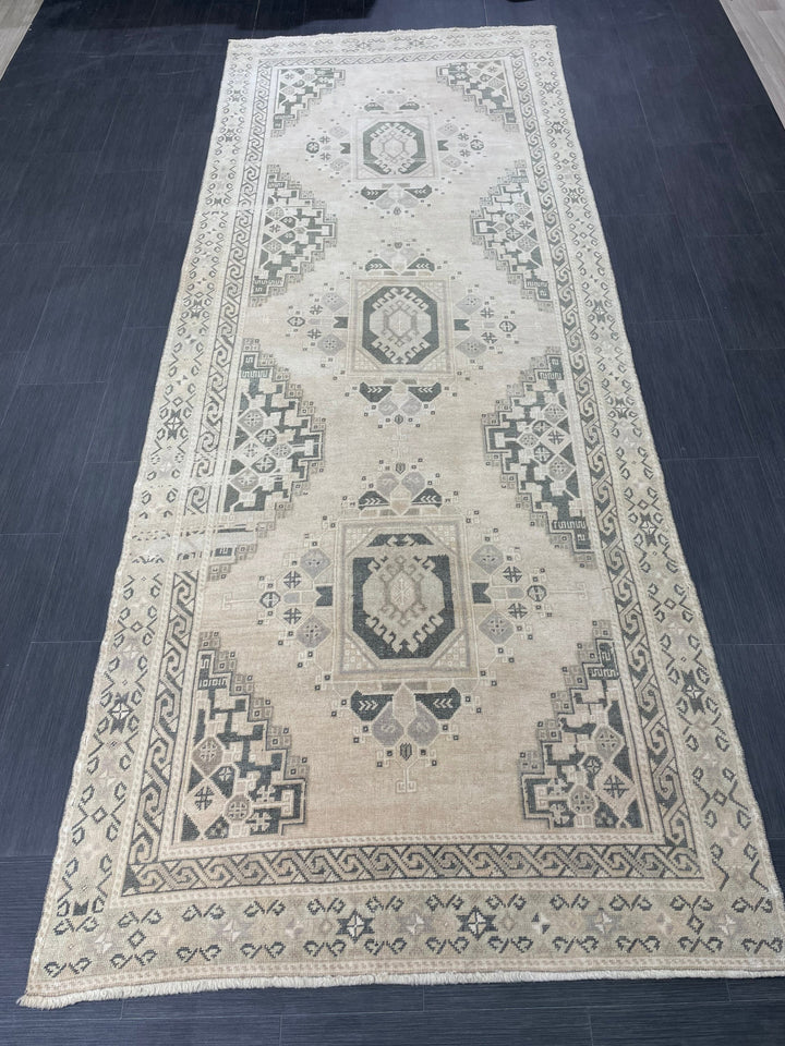 Beige Turkish Runner Rug 4' 3" x 10' 11" Hand-Knotted reverse