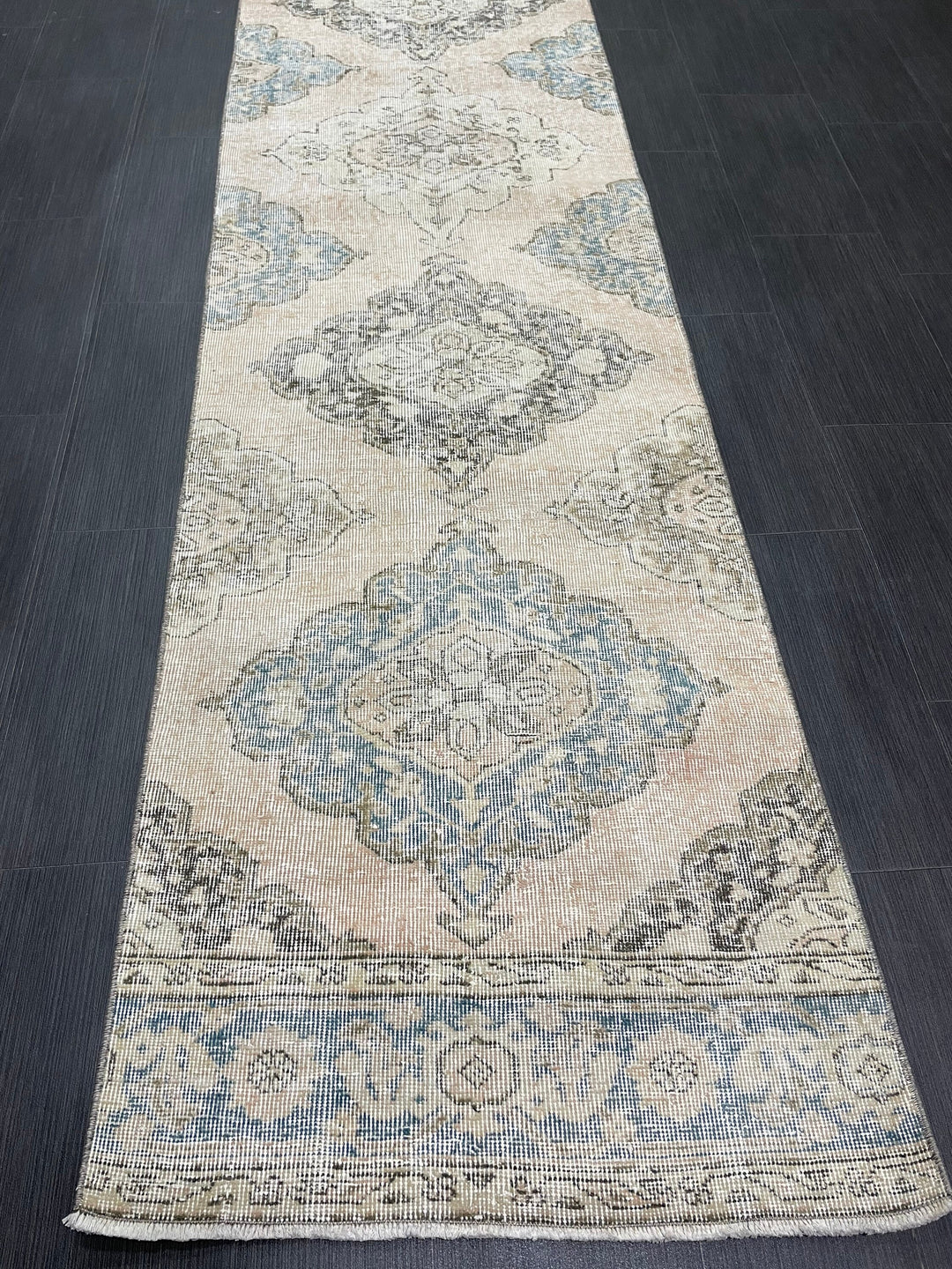 Beige Turkish Runner Rug 2' 8" x 12' 5" Hand-Knotted close-up