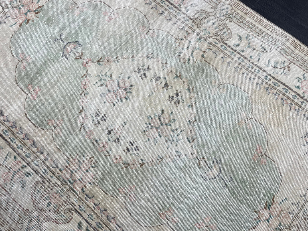 Green Turkish Runner Rug 5' 11" x 8' 11" Hand-Knotted | No. WR62038
