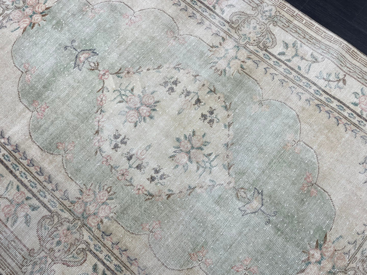Green Turkish Runner Rug 5' 11" x 8' 11" Hand-Knotted | No. WR62038