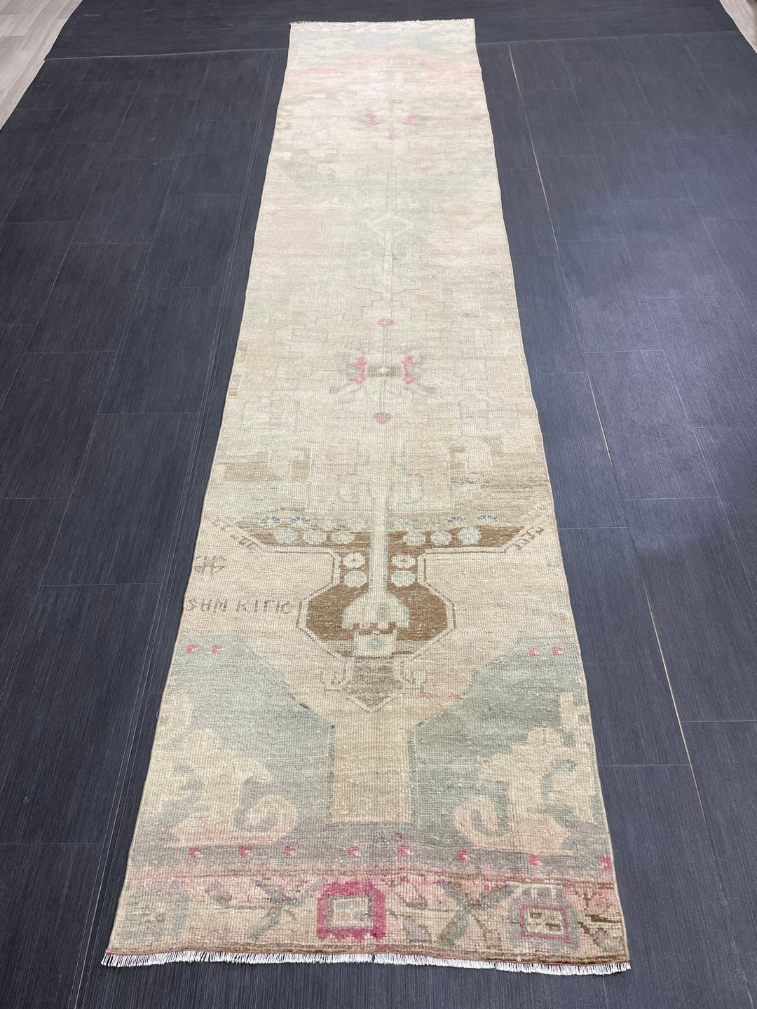 Beige Turkish Runner Rug 2' 6" x 11' 7" Hand-Knotted field