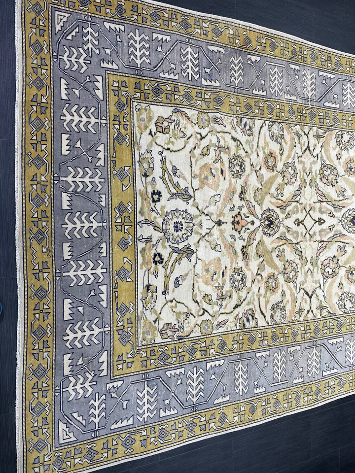 Beige Turkish Runner Rug 6' 4" x 10' 6" Hand-Knotted close-up