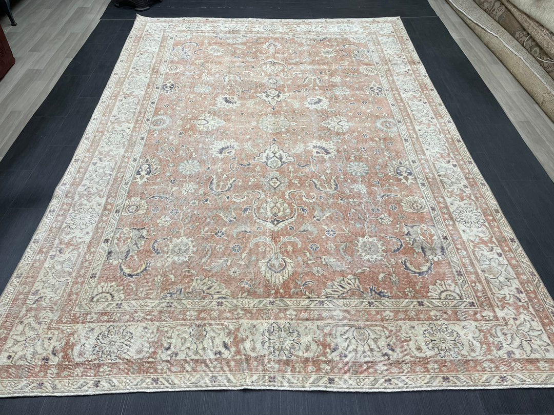 Beige Turkish Runner Rug 7' x 10' 2" Hand-Knotted
