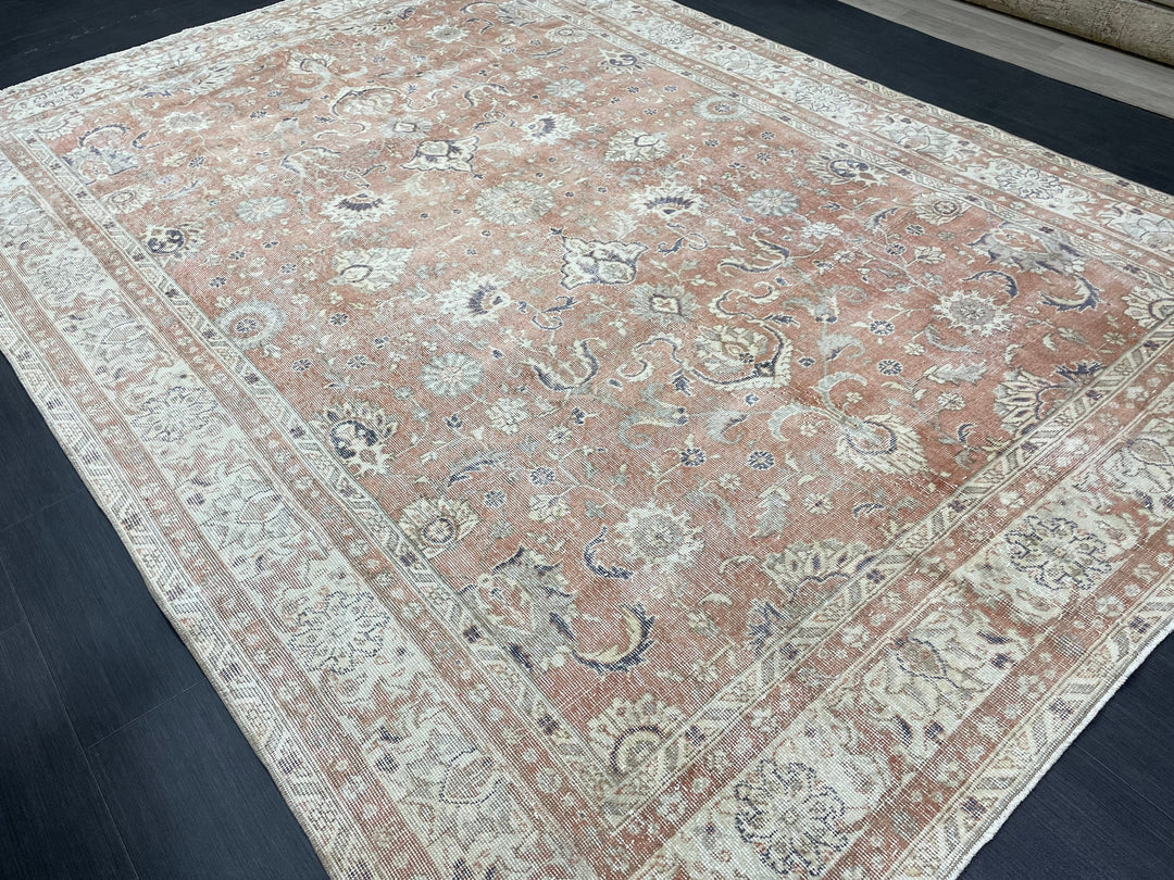 Beige Turkish Runner Rug 7' x 10' 2" Hand-Knotted close-up
