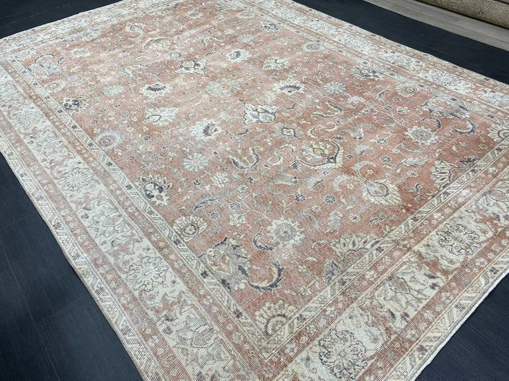 Beige Turkish Runner Rug 7' x 10' 2" Hand-Knotted close-up