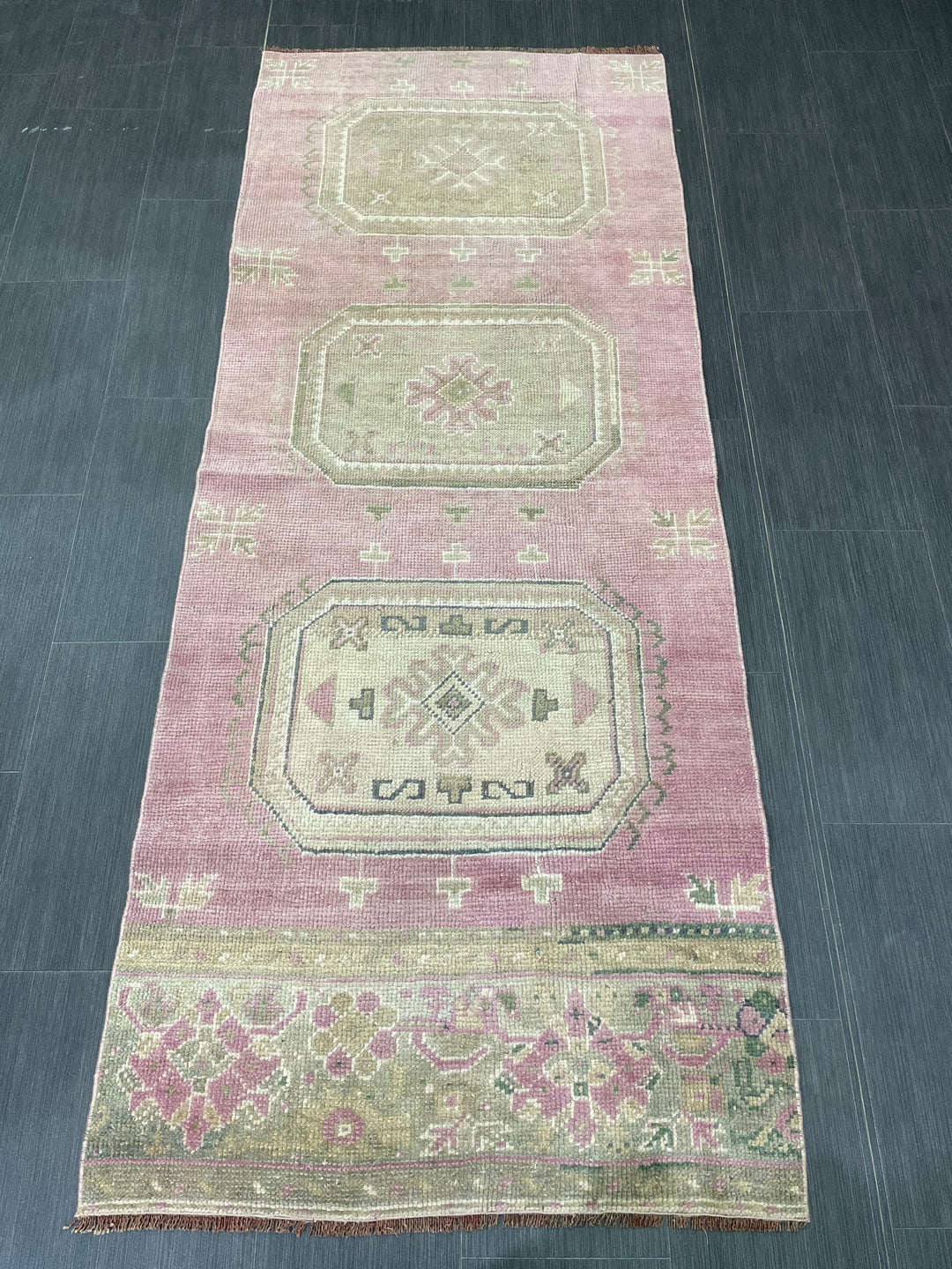 Beige Turkish Runner Rug 2' 11" x 7' 5" Hand-Knotted close-up