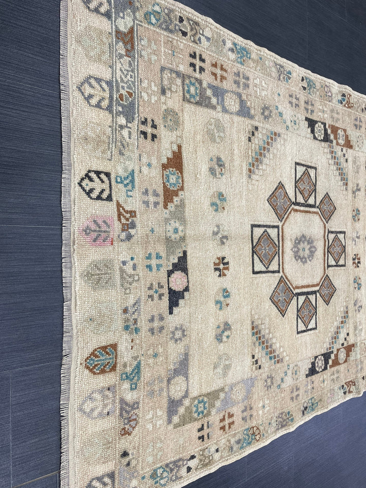 Beige Turkish Oushak Rug 3' 7" x 6' 9" Hand-Knotted reverse