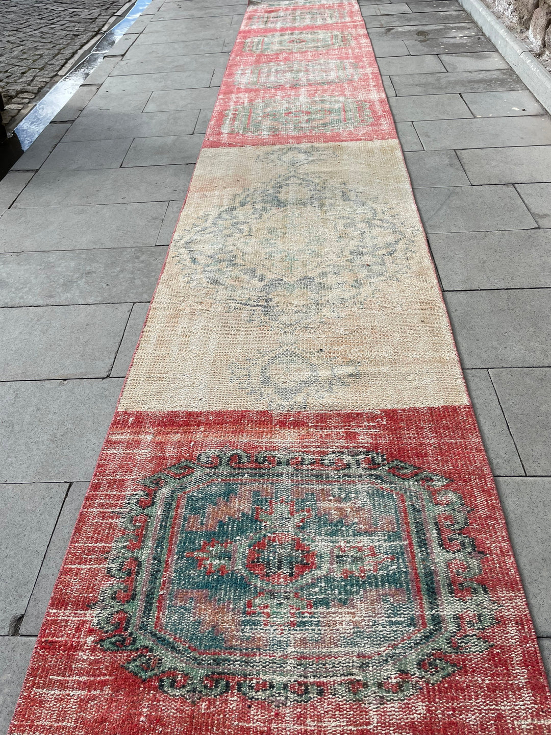 Beige Turkish Distressed Runner Rug 2' 8" x 21' 11" Hand-Knotted | No. WR74014