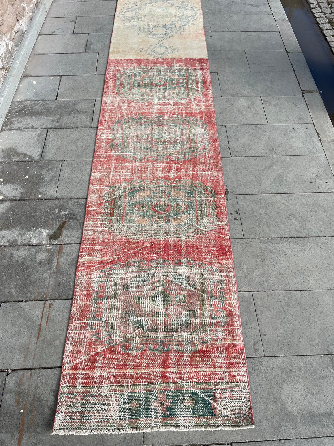Beige Turkish Distressed Runner Rug 2' 8" x 21' 11" Hand-Knotted | No. WR74014
