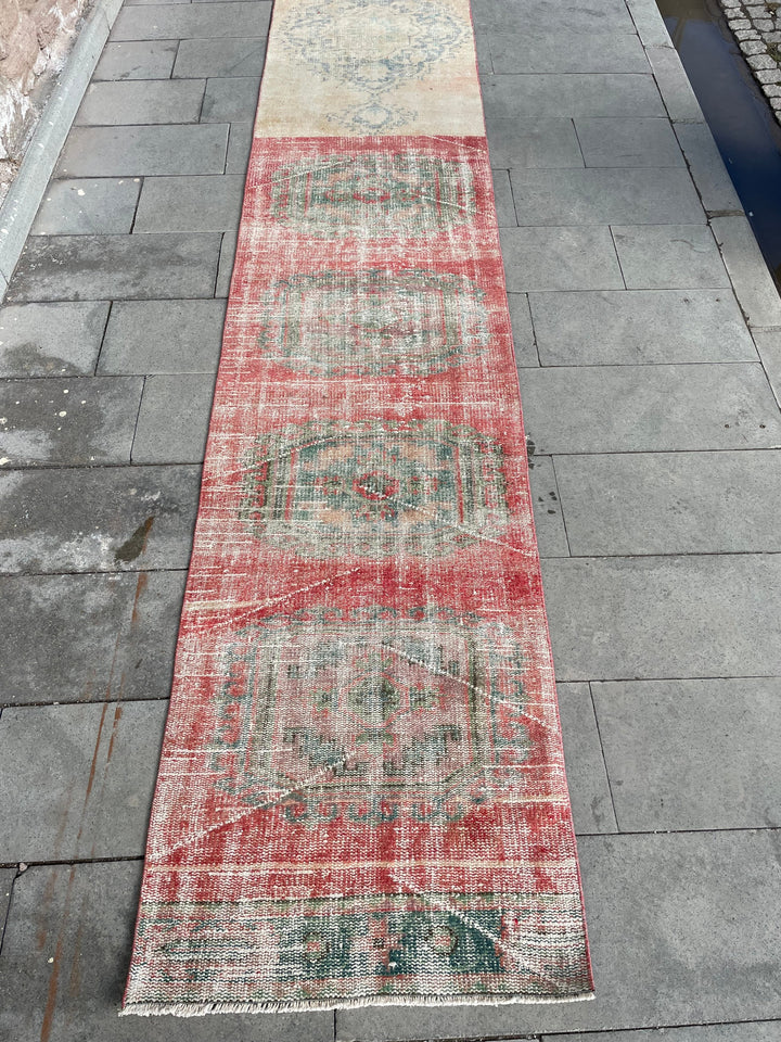Beige Turkish Distressed Runner Rug 2' 8" x 21' 11" Hand-Knotted | No. WR74014