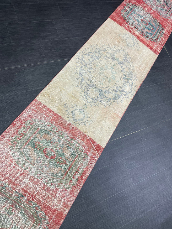 Beige Turkish Distressed Runner Rug 2' 8" x 21' 11" Hand-Knotted | No. WR74014