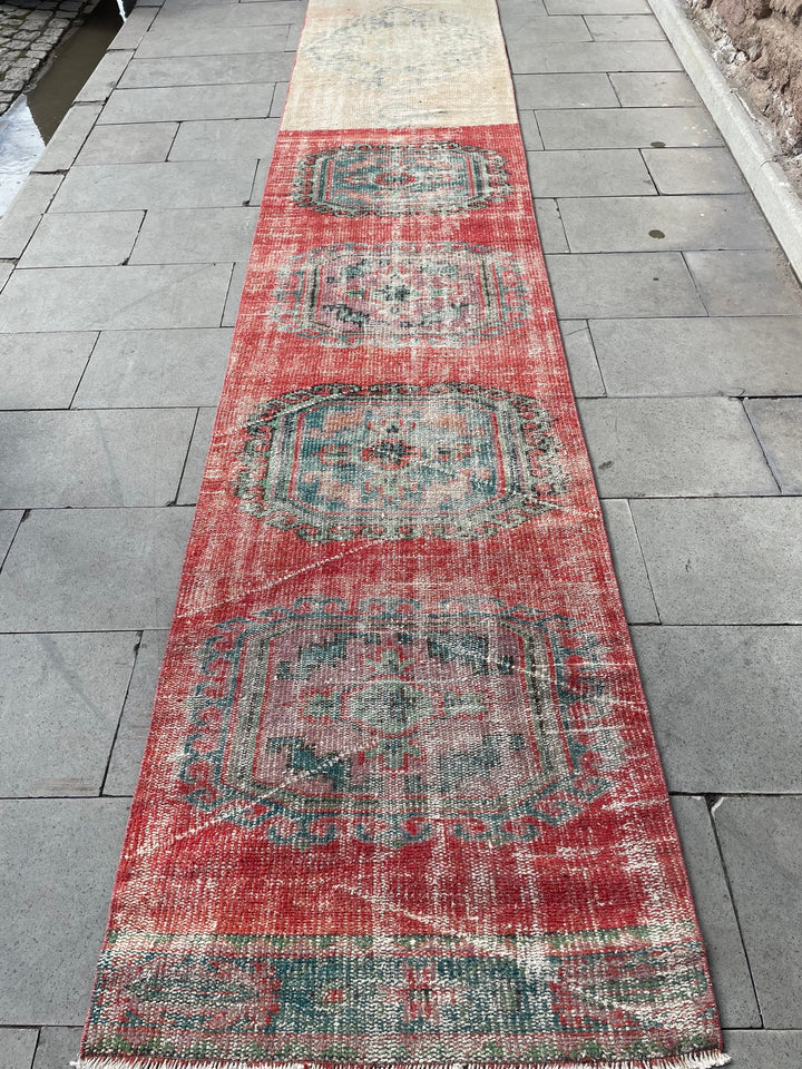 Beige Turkish Distressed Runner Rug 2' 8" x 21' 11" Hand-Knotted | No. WR74014
