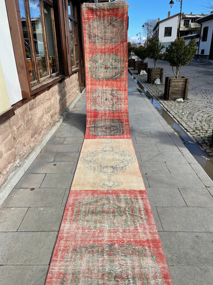 Beige Turkish Distressed Runner Rug 2' 8" x 21' 11" Hand-Knotted | No. WR74014