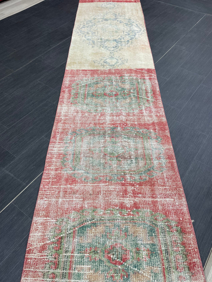 Beige Turkish Distressed Runner Rug 2' 8" x 21' 11" Hand-Knotted | No. WR74014