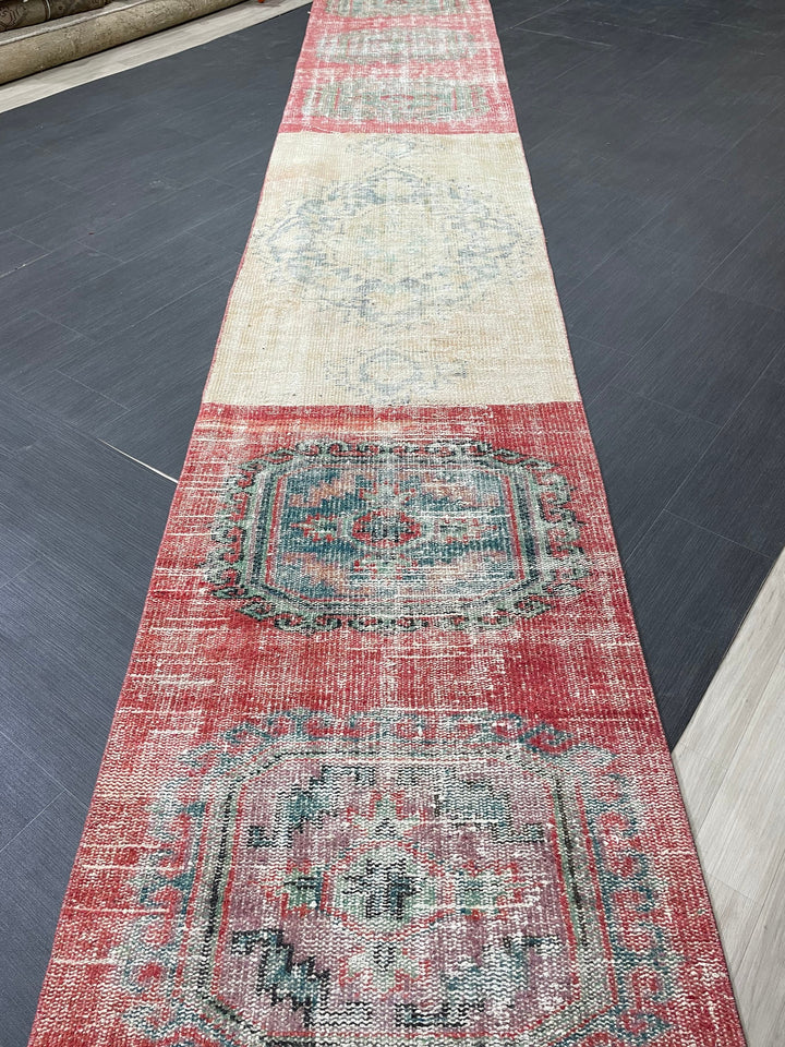 Beige Turkish Distressed Runner Rug 2' 8" x 21' 11" Hand-Knotted | No. WR74014