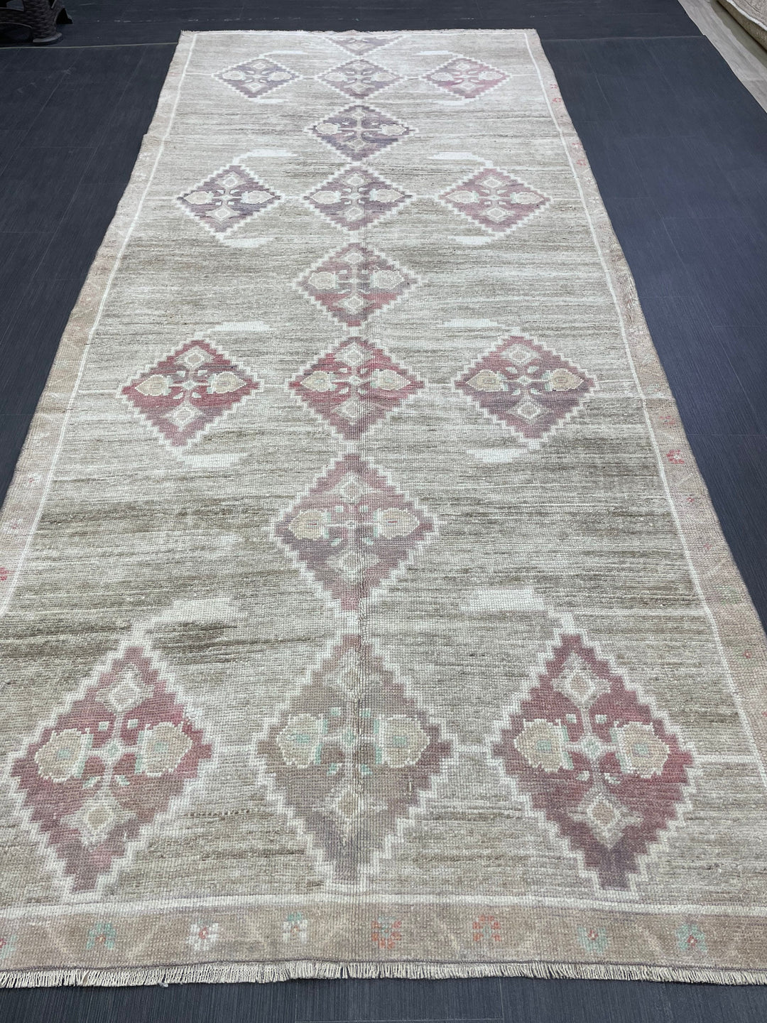 Beige Turkish Oushak Rug 4' 5" x 10' 10" Hand-Knotted close-up