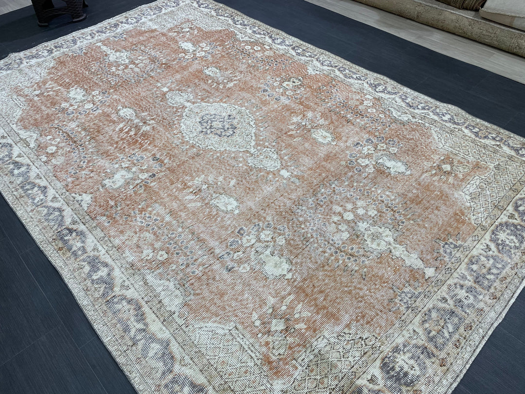 Tan Turkish Oushak Rug 6' 3" x 9' 9" Hand-Knotted field