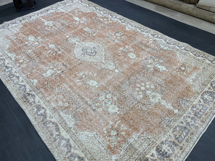 Tan Turkish Oushak Rug 6' 3" x 9' 9" Hand-Knotted field