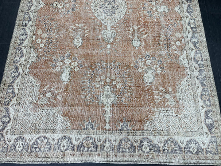 Tan Turkish Oushak Rug 6' 3" x 9' 9" Hand-Knotted reverse
