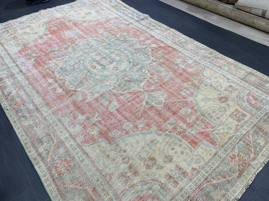Pink Turkish Oushak Rug 6' 2" x 10' Hand-Knotted field