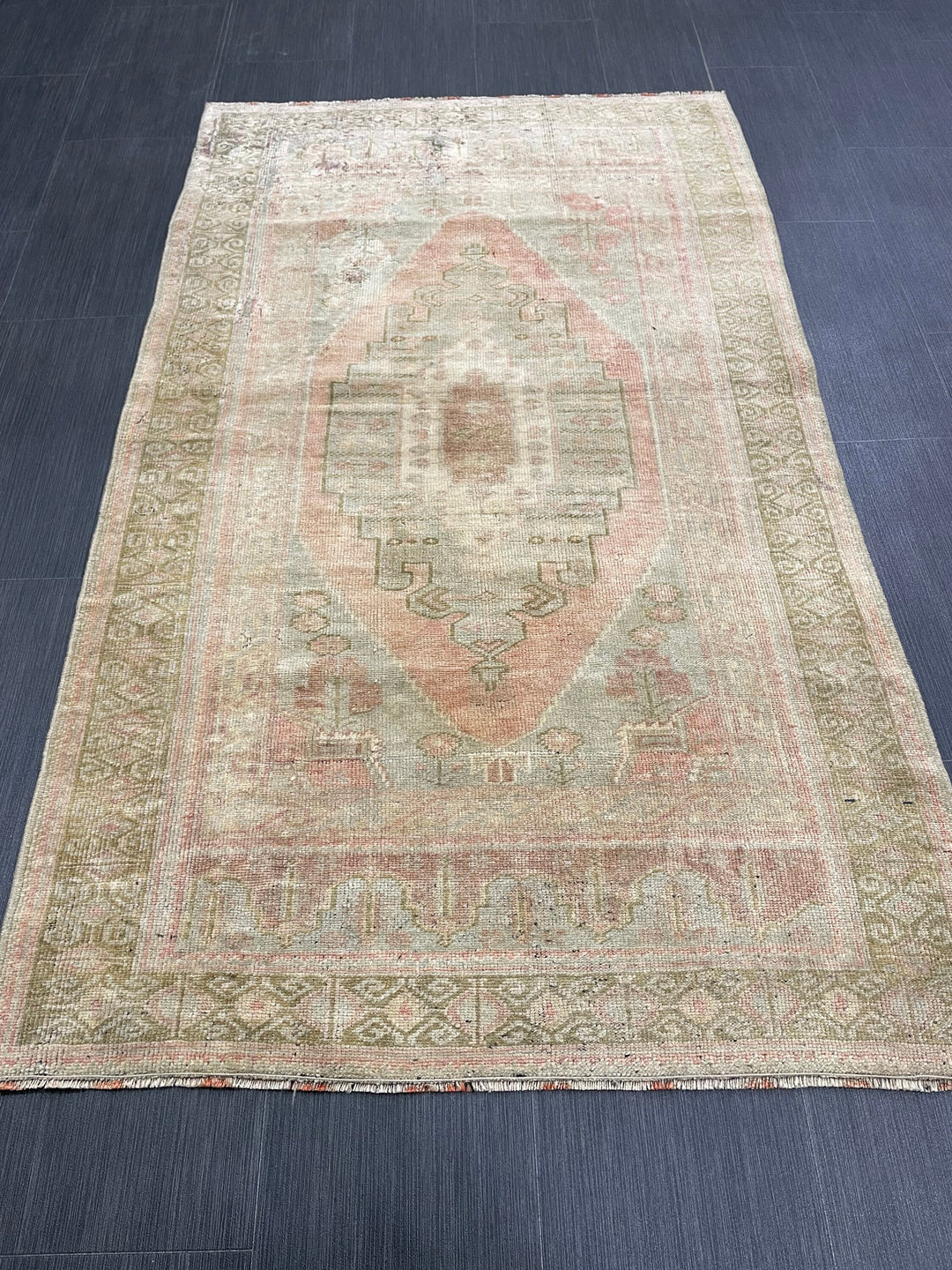 Beige Turkish Oushak Rug 3' 3" x 5' 7" Hand-Knotted reverse