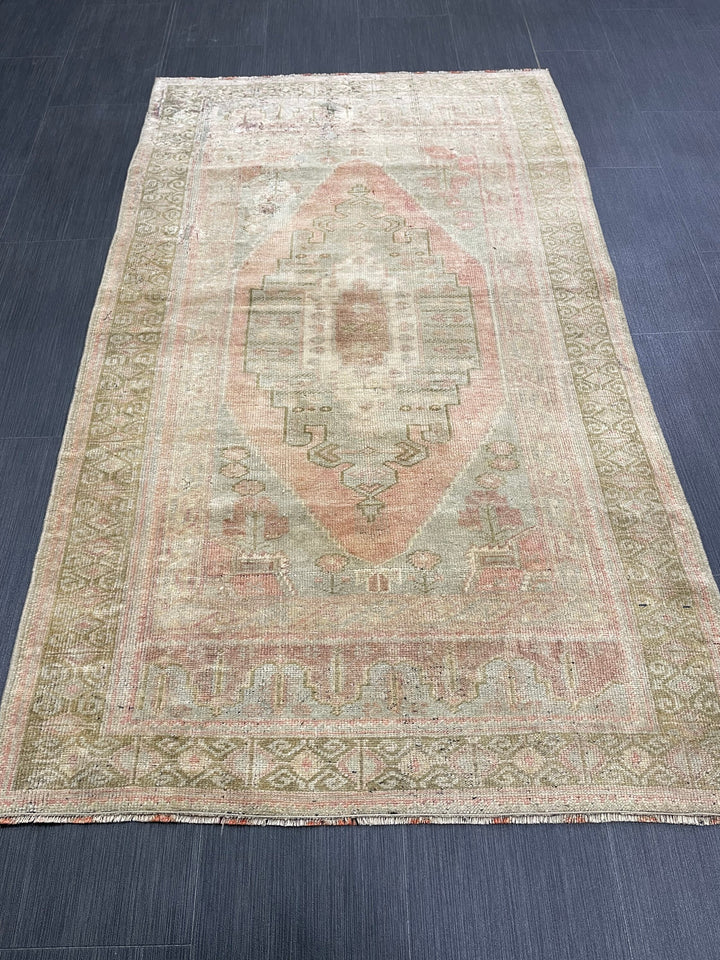 Beige Turkish Oushak Rug 3' 3" x 5' 7" Hand-Knotted reverse