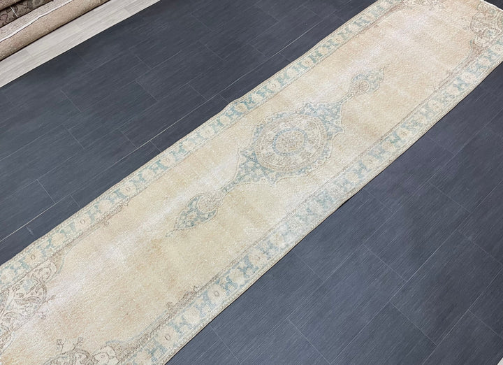 Beige Turkish Runner Rug 2' 11" x 11' 1" Hand-Knotted